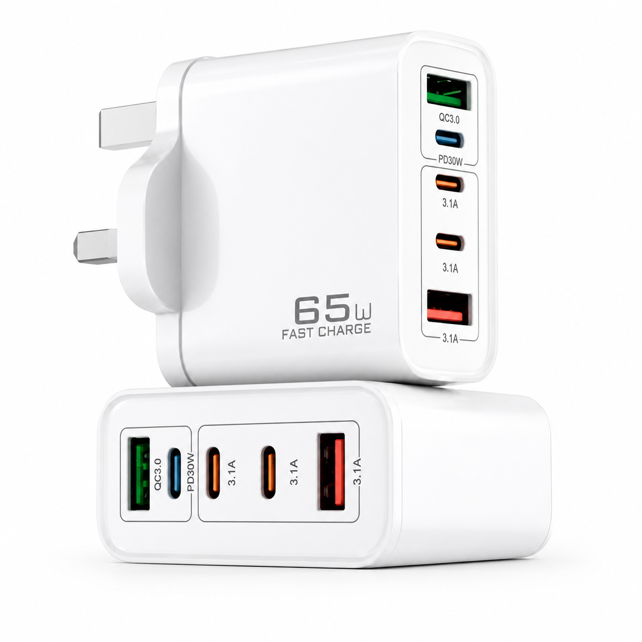 65W Fast Charging Adapter | 5-Port USB & Type-C PD Charger with UK Plug