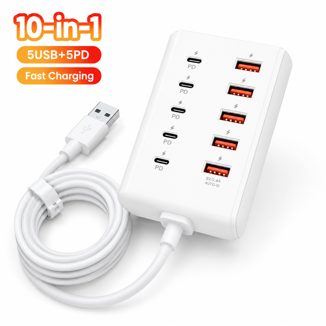 10-Port USB Fast Charging Station | 5 USB-A + 5 Type-C PD Multi-Device Charging Hub